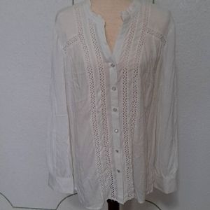 Womens white sheer lace accent blouse. XL 100% viscose cotton trim